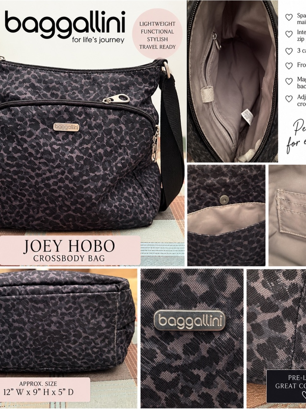 Baggallini Joey Hobo Crossbody Bag — Black/Charcoal Leopard Print